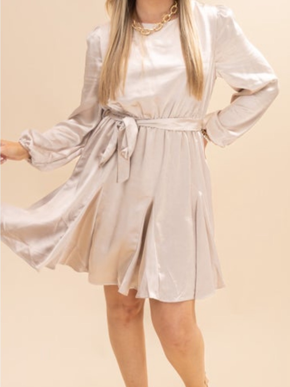 Satin Tie-Waist Dress in Champagne Blush